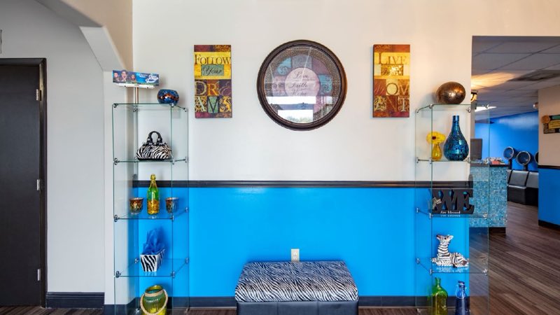 The salon lobby with bright blue accent wall and decor